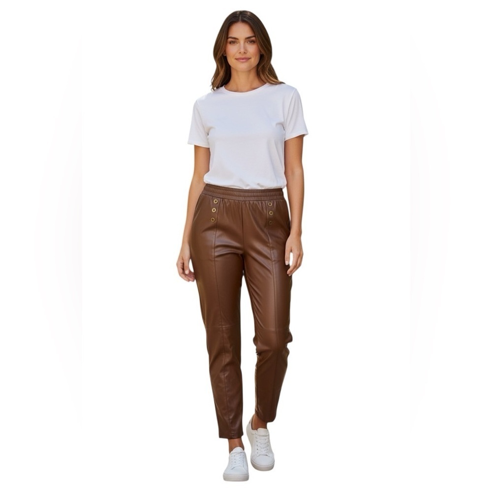 Susan Graver Faux Leather Brown Pull-On Pants L Button Detail